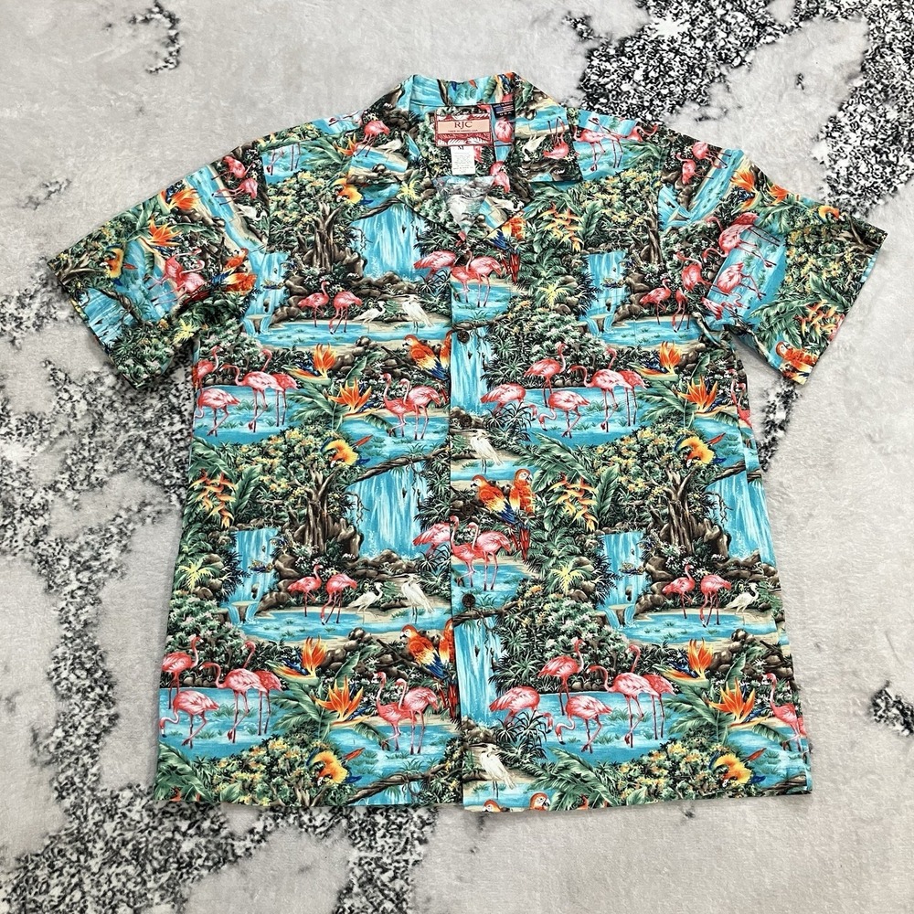 RJC Hawaiian Shirt‎ Mens Medium Flamingo Tropical Bird Waterfall Aloha USA
